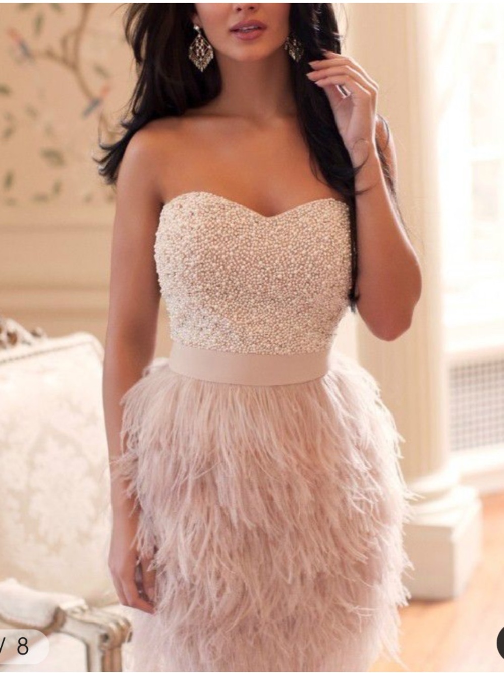 Lipsy VIP Blush Pink Pearl Rhinestone Feather Cocktail Party Dress Glam Size 2